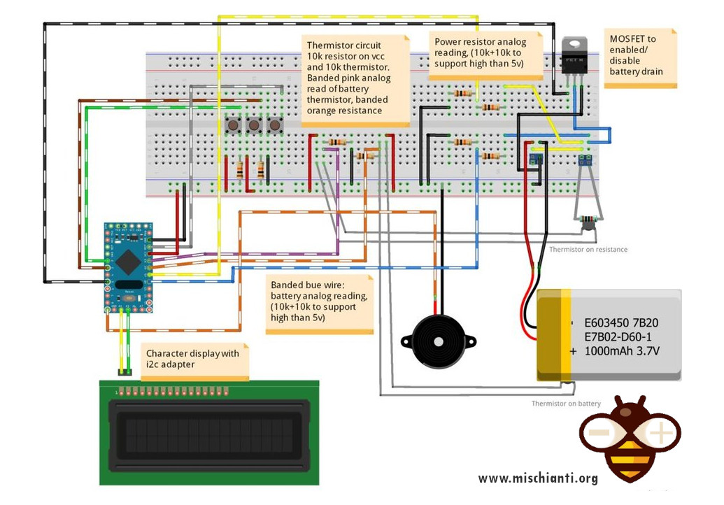 Breadboard schema of battery capacity tester with i2c display