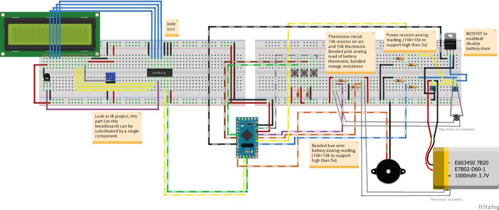 Schema completo del tester di capacità della batteria con pcf8574 per controllare il display a caratteri