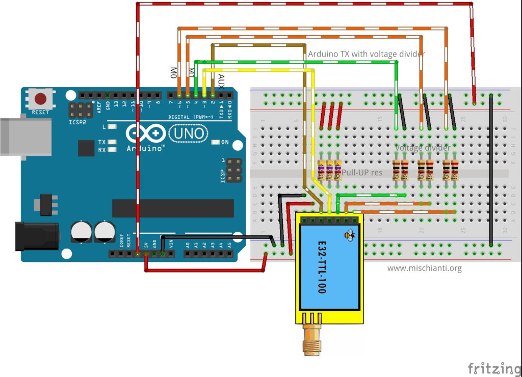 LoRa E32-TTL-100 Arduino Fully Connected schema with AUX on interrupt