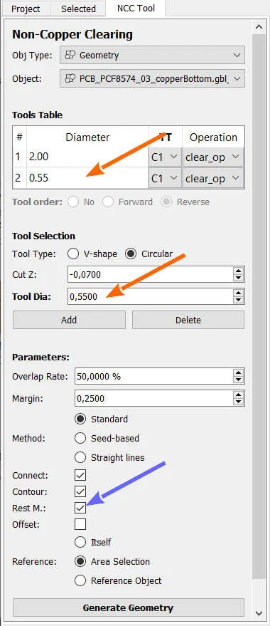 FlatCAM non copper clearing selection of area multi tools
