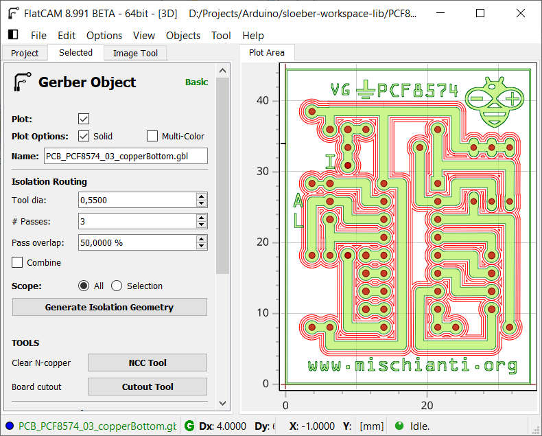 FlatCAM copper bottom isolation geometry result