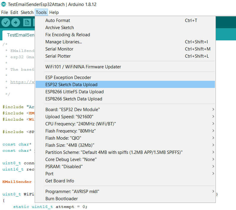 Arduino IDE esp32 SPIFFS Sketch Data Upload