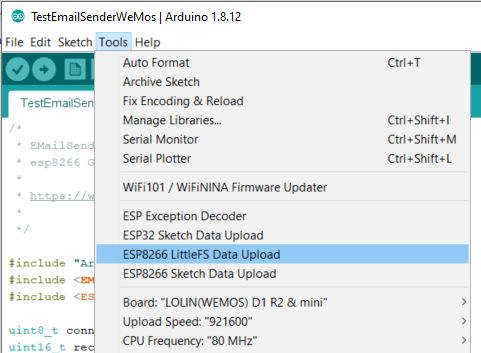 esp8266 LittleFS plugin menu on ArduinoIDE