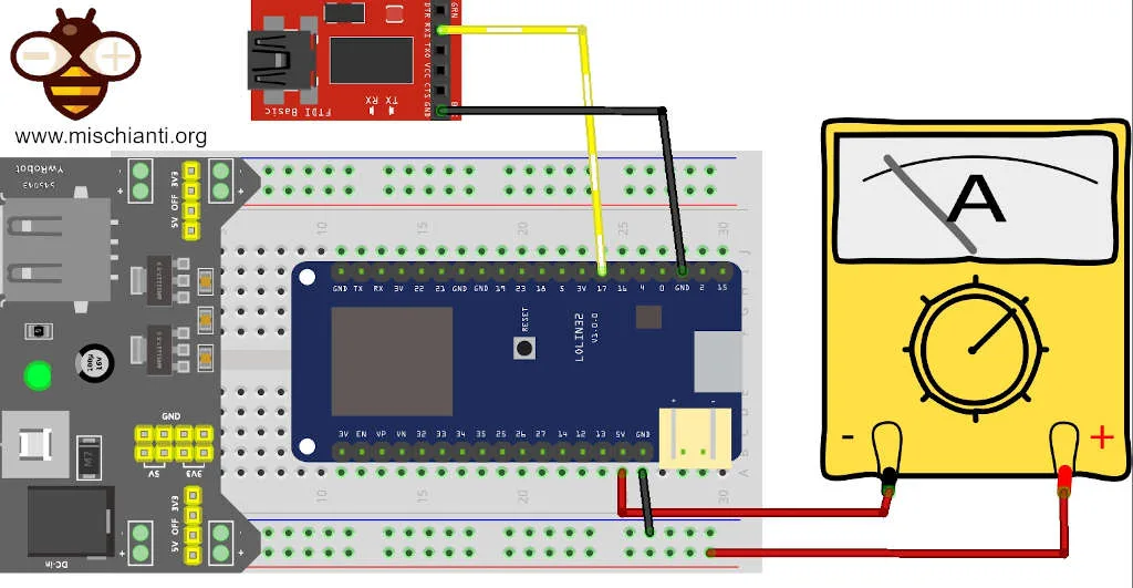 ESP32 WeMos LOLIN32 powered to 5V and Serial2 to debug amperage multimerter check