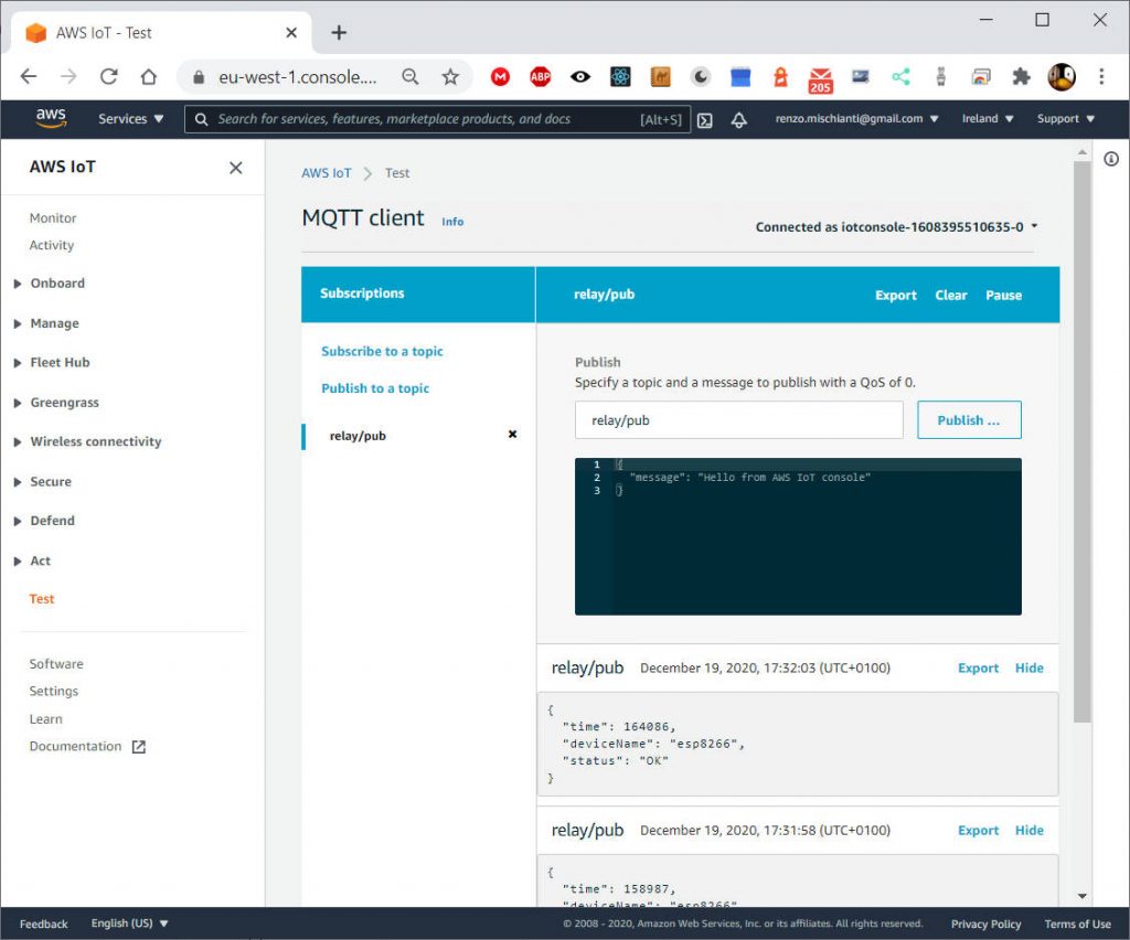 IoT Core Subscribe Test with Client MQTT