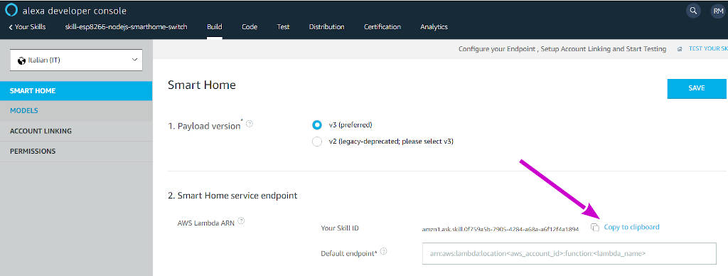 Alexa Skill Smarthome: Selezionare lo SkillID