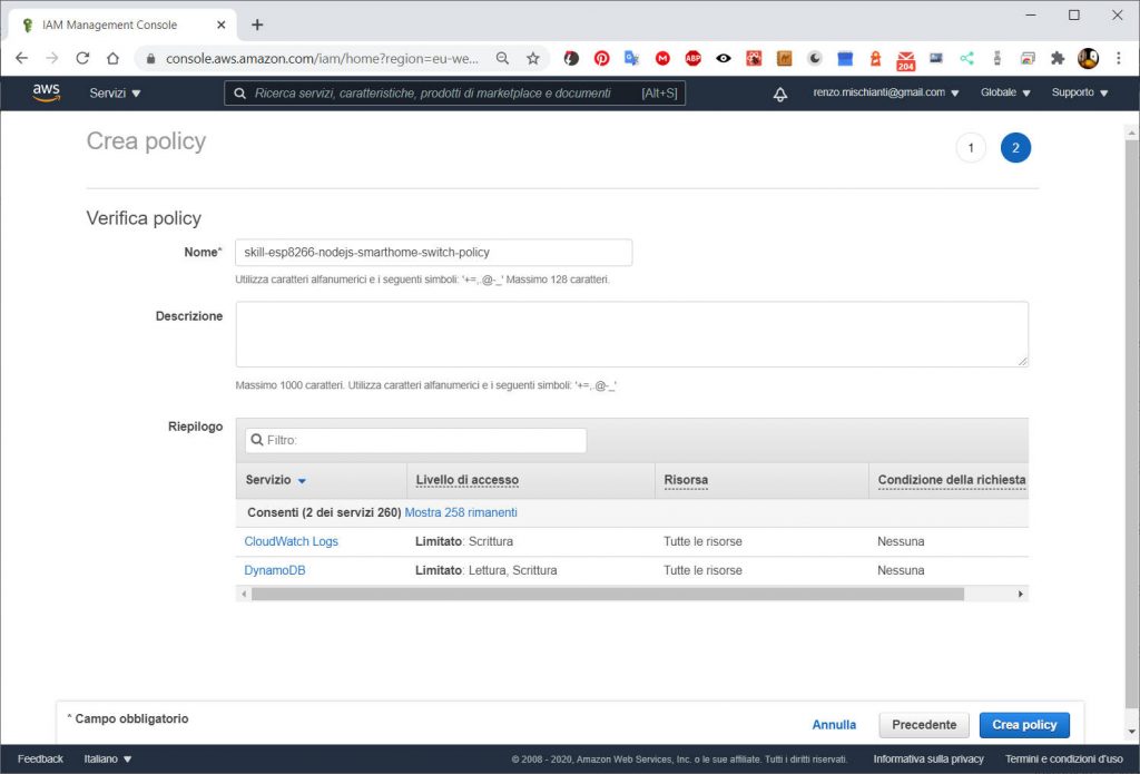 Alexa Skill Smarthome: Creare una policy per la nostra lambda