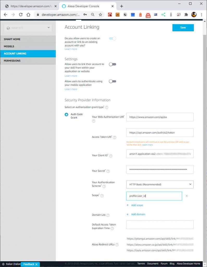 Alexa Skill Smarthome: Linkare gli account