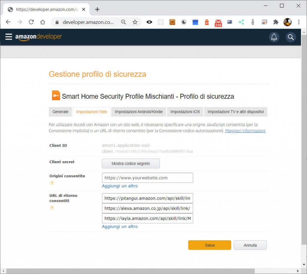 Alexa Skill Smarthome: Gestione profilo sicurezza, URL ritorno consentiti
