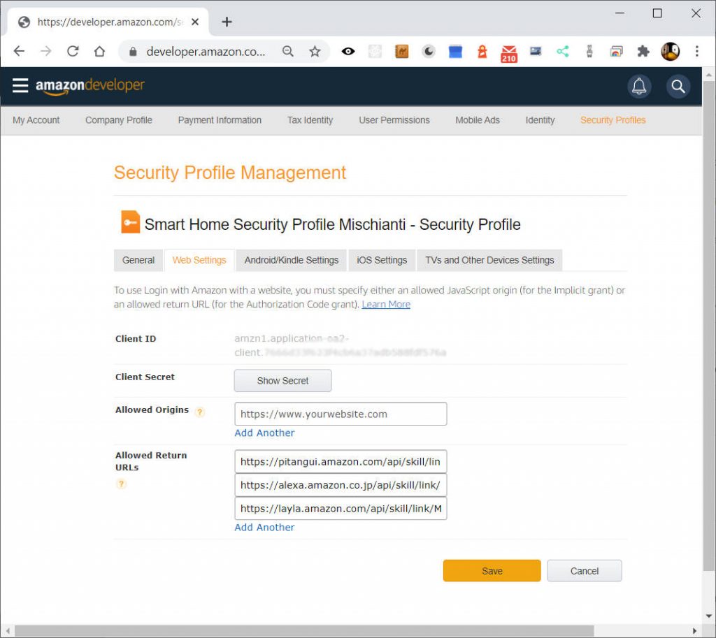 Alexa Skill Smarthome: Security profile management, Allowed return URLs
