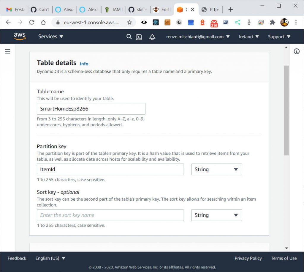 Alexa Skill Smarthome: Create DynamoDB table with partition key only