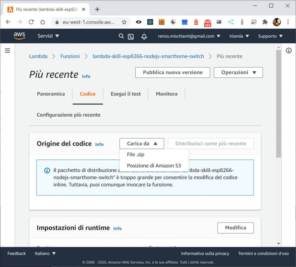 Alexa Skill Smarthome: Lambda caricata da file zip