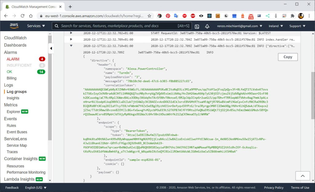 Alexa Skill Smarthome: CloudWatch Management Console log