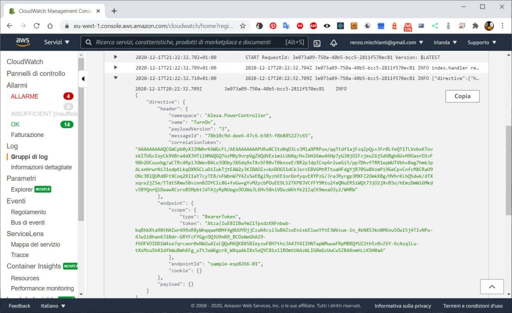 Alexa Skill Smarthome: Log sulla CloudWatch Management Console