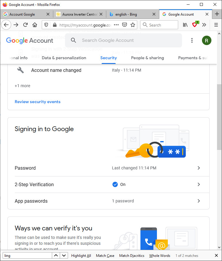 Google account security 2 Step verification and application password