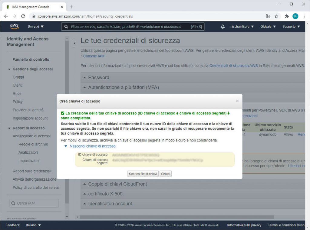 DynamoDB AWS ID Chiave di accesso