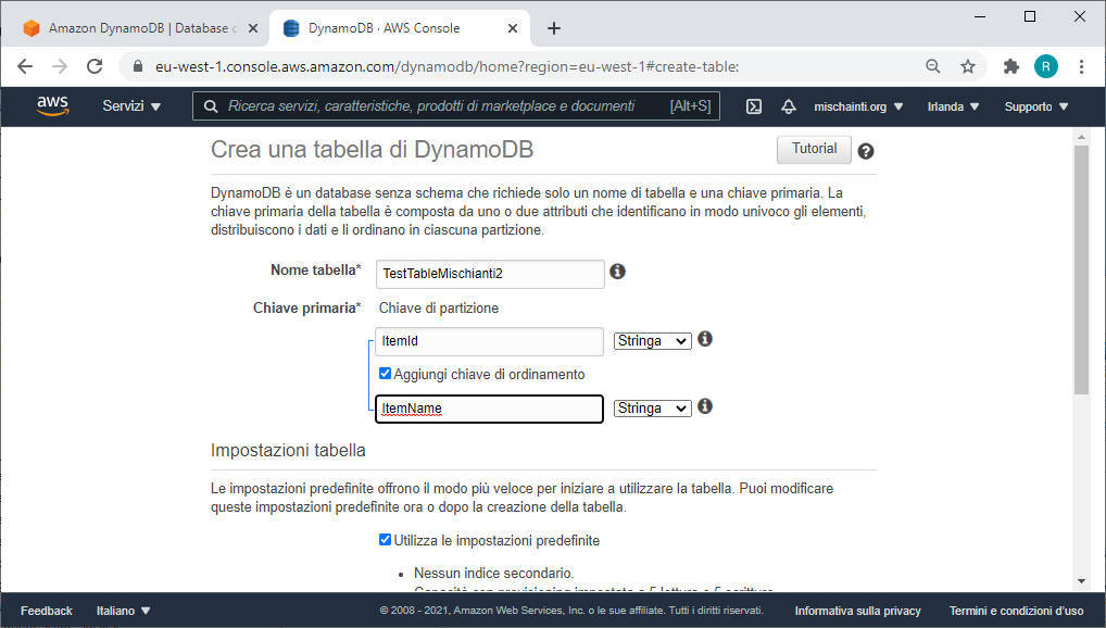 DynamoDB Crea tabella dall'AWS console