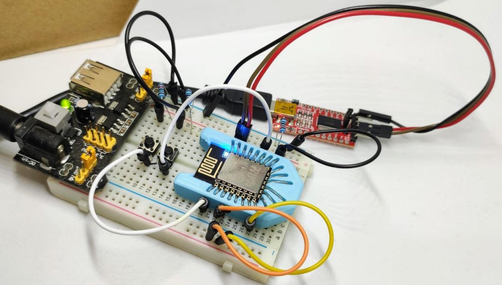 Programming circuit on breadboard with adapter for esp12