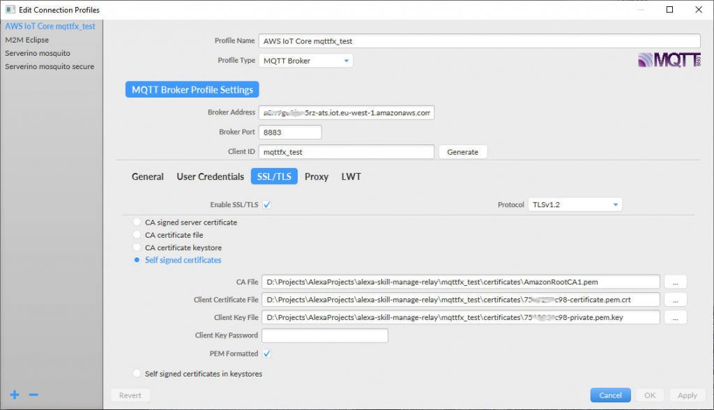 Amazon AWS IoT Core MQTT configure MQTT.fx