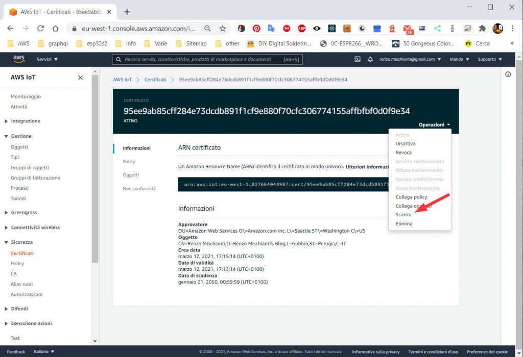 Amazon AWS IoT Core MQTT download del certificato dalla pagina principale