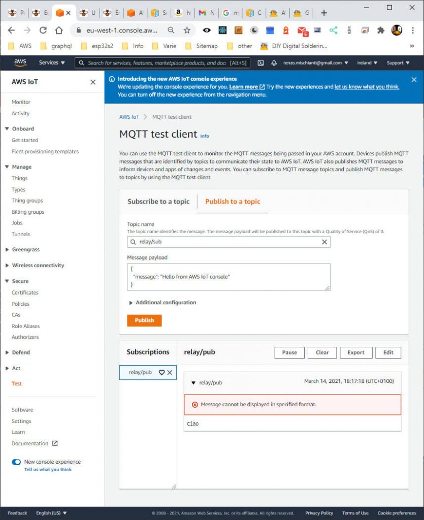 Amazon AWS IoT Core MQTT test online pubblicazione e sottoscrizione