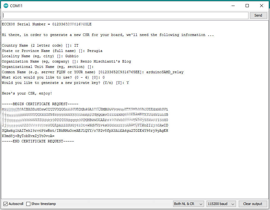 Arduino SAMD MKR 1010 generate Certificate Signing Request