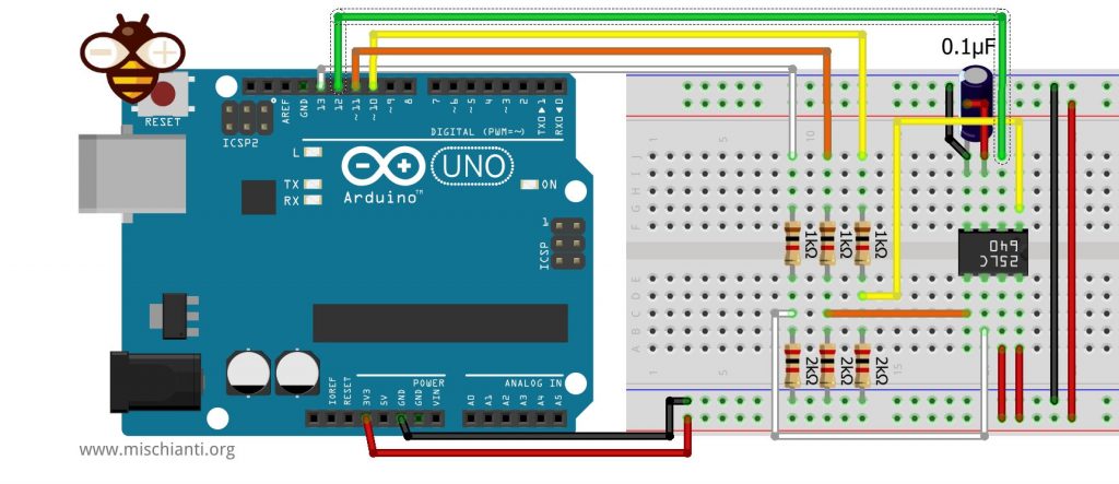 Arduino UNO connection DIP8 SPI Flash breadboard w25q80