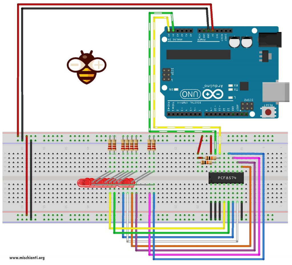 Arduino pcf8574 IC wiring schema 8 leds