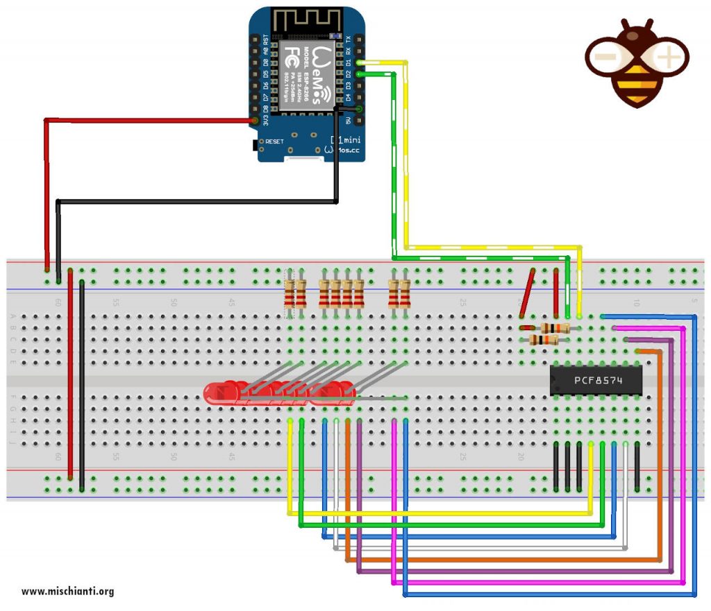 WeMos D1 esp8266 pcf8574 IC wiring schema 8 leds