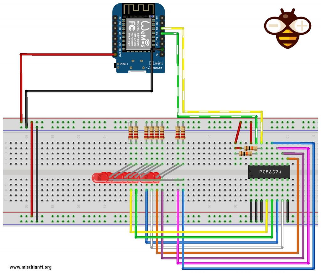 WeMos D1 esp8266 pcf8574 IC schema di connessione 8 leds