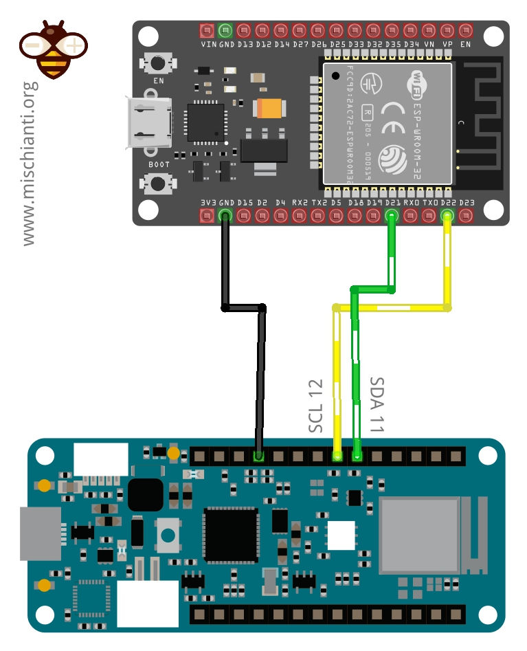 i2c ESP32 master and Arduino MKR slave on breadboard