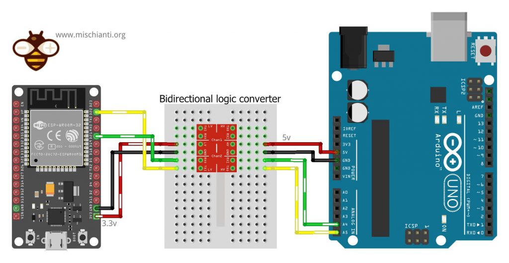 i2c ESP32 master and Arduino UNO logic level converter slave breadboard