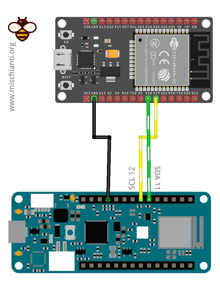 ESP32 master with secondary I2C and Arduino MKR slave breadboard