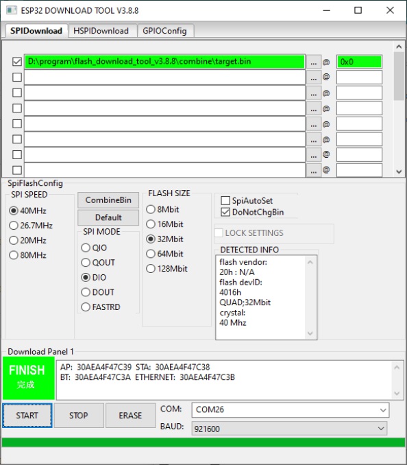 esp32 espressif download tool combined binary and filesystem files