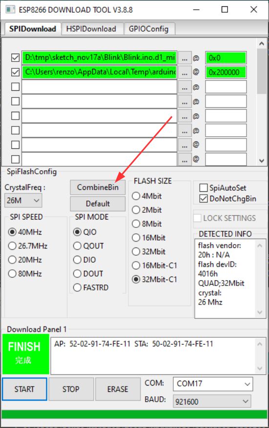 esp8266 espressif download tool combine binary files