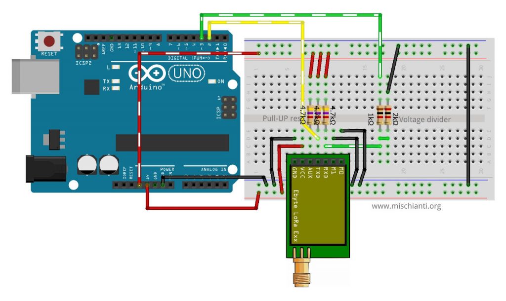 Ebyte LoRa E32 E22 E220 Arduino UNO normal mode breadboard