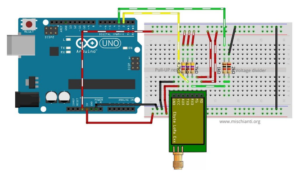 Ebyte LoRa E32 E220 Arduino UNO configuration mode breadboard