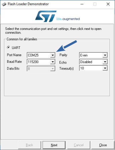 STM32 Flash loader demonstrator: select COM port