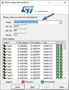 STM32 Flash loader demonstrator: seleziona il device corretto