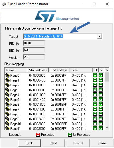 STM32 Flash loader demonstrator: select the correct device