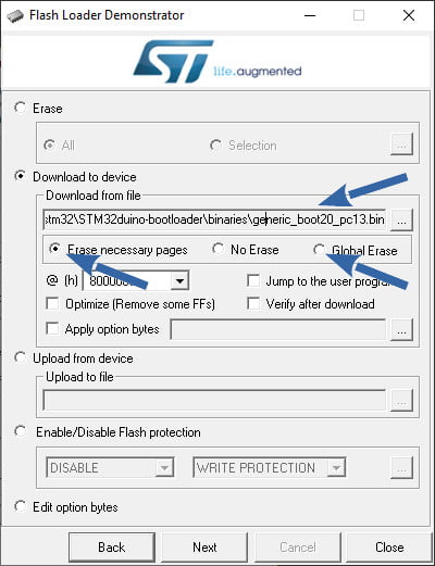 STM32 Flash loader demonstrator: select the correct boot-loader