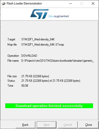 STM32 Flash loader demonstrator: successful uploaded
