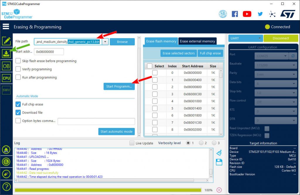 STM32CubeProgrammer Erasing and programmin and add STM32 HID bootloader