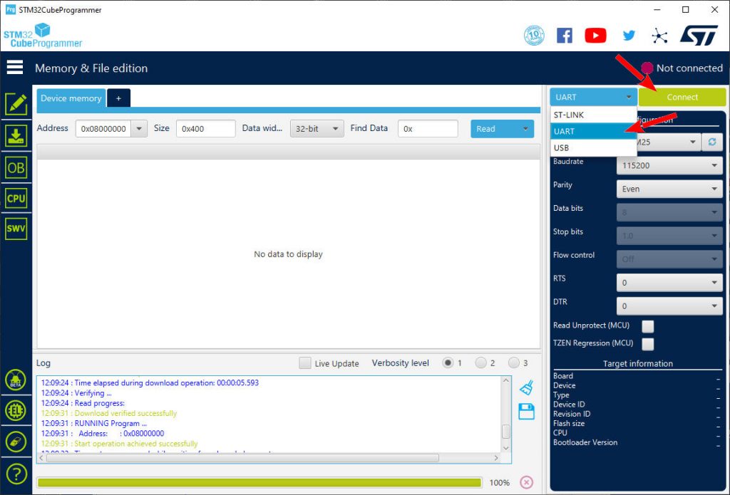 STM32CubeProgrammer seleziona la connessione UART e connettiti