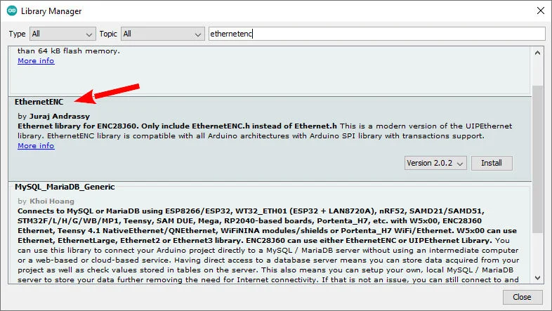 Arduino IDE esp32 EthernetENC library for enc28j60