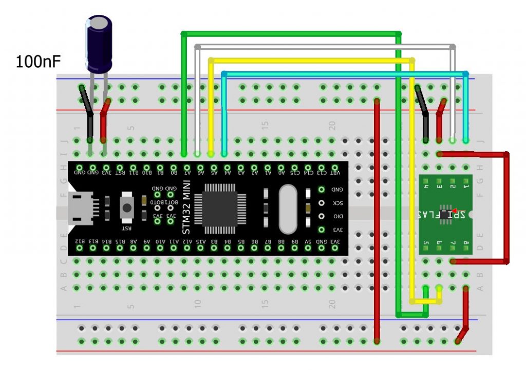 STM32F4 SPI Flash wiring on breadboard