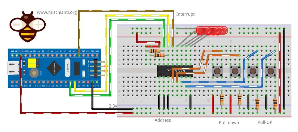 stm32 pcf8574 wiring: 4 LEDs 4 buttons on breadboard