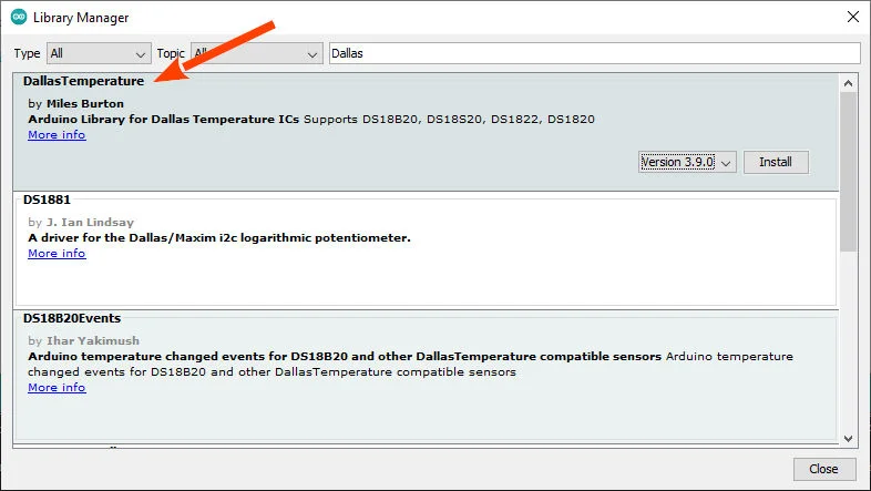 Arduino IDE: libreria DallasTemperature per il ds18b20 dal libraries manager