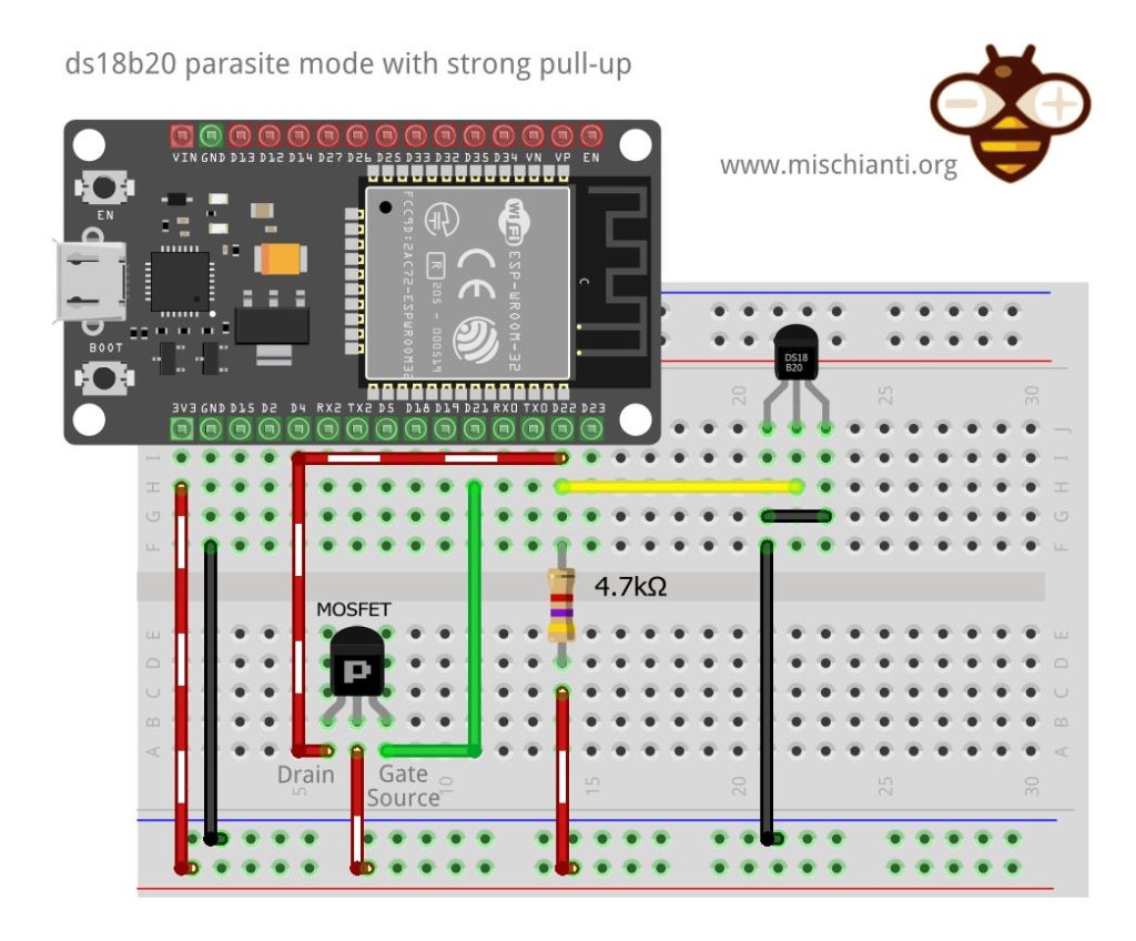 esp32: wiring ds18b20 in parasite mode with strong pull-up