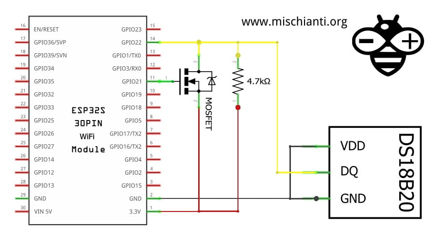 esp32: wiring schema ds18b20 in parasite mode with strong pull-up